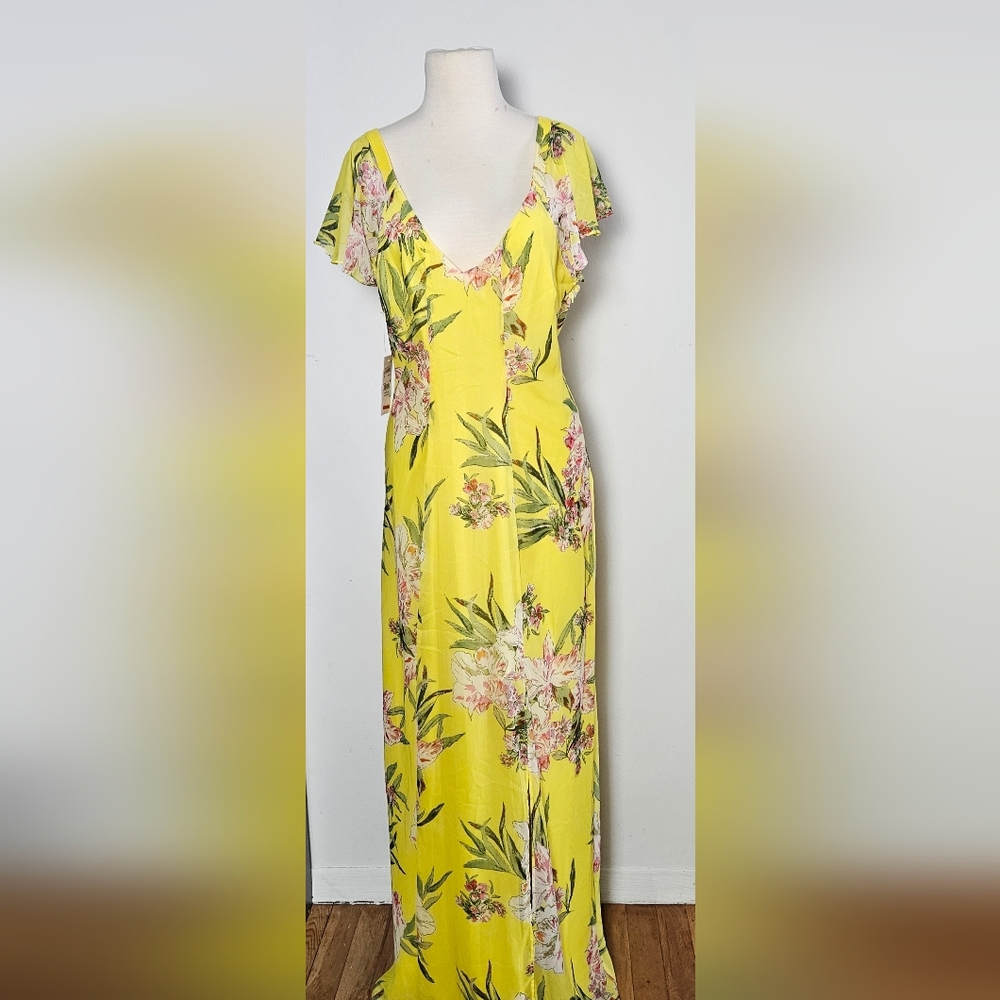 GUESS Yellow Floral Maxi Dress with Pink and Green Accents